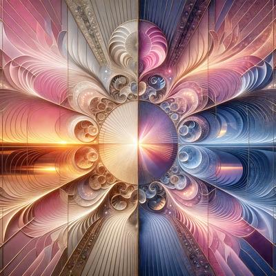 The primary subject of the image is a colorful, abstract artwork featuring a sun in the center. The setting is a wall with a patterned design, and the visual style is a combination of digital art and illustration. The dominant colors in the artwork are pink, blue, and yellow, creating a vibrant and lively atmosphere.